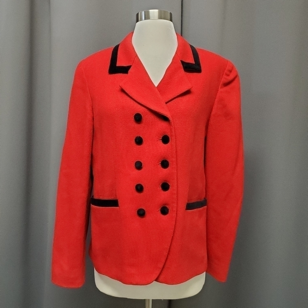 Vintage 80s Retro Red Wool Velvet Trim‎ Double Breasted Christmas Blazer 10